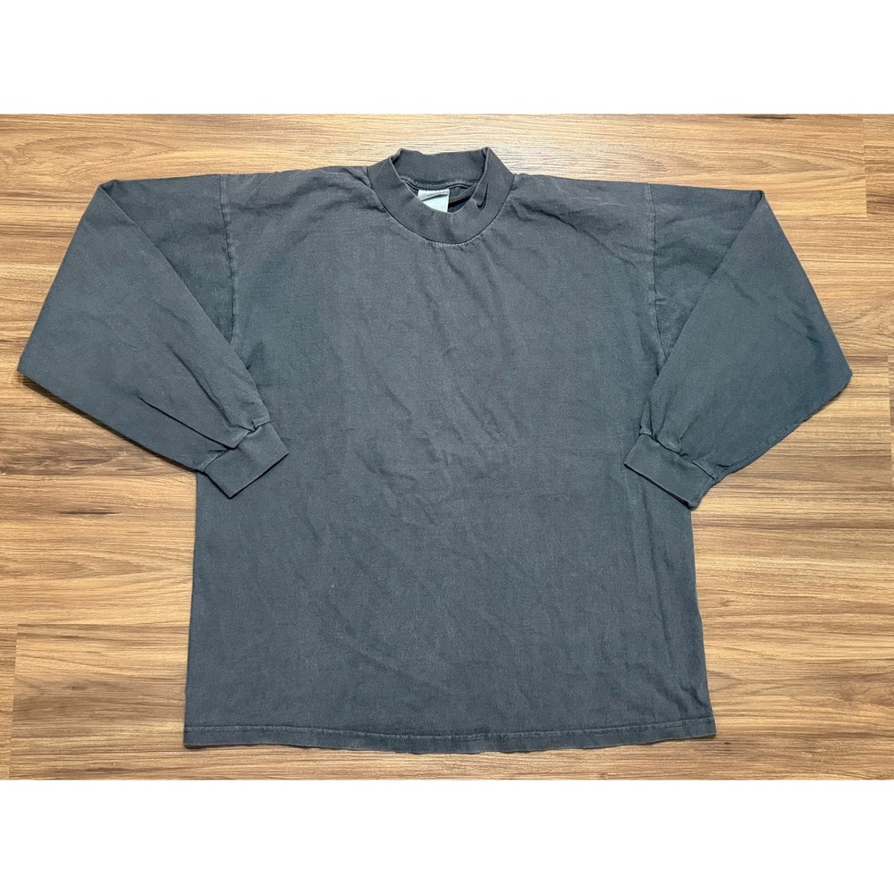 Vintage 90s Nike Mock Neck Long Sleeve T-Shirt Faded Dark Grey Swoosh Sz XL